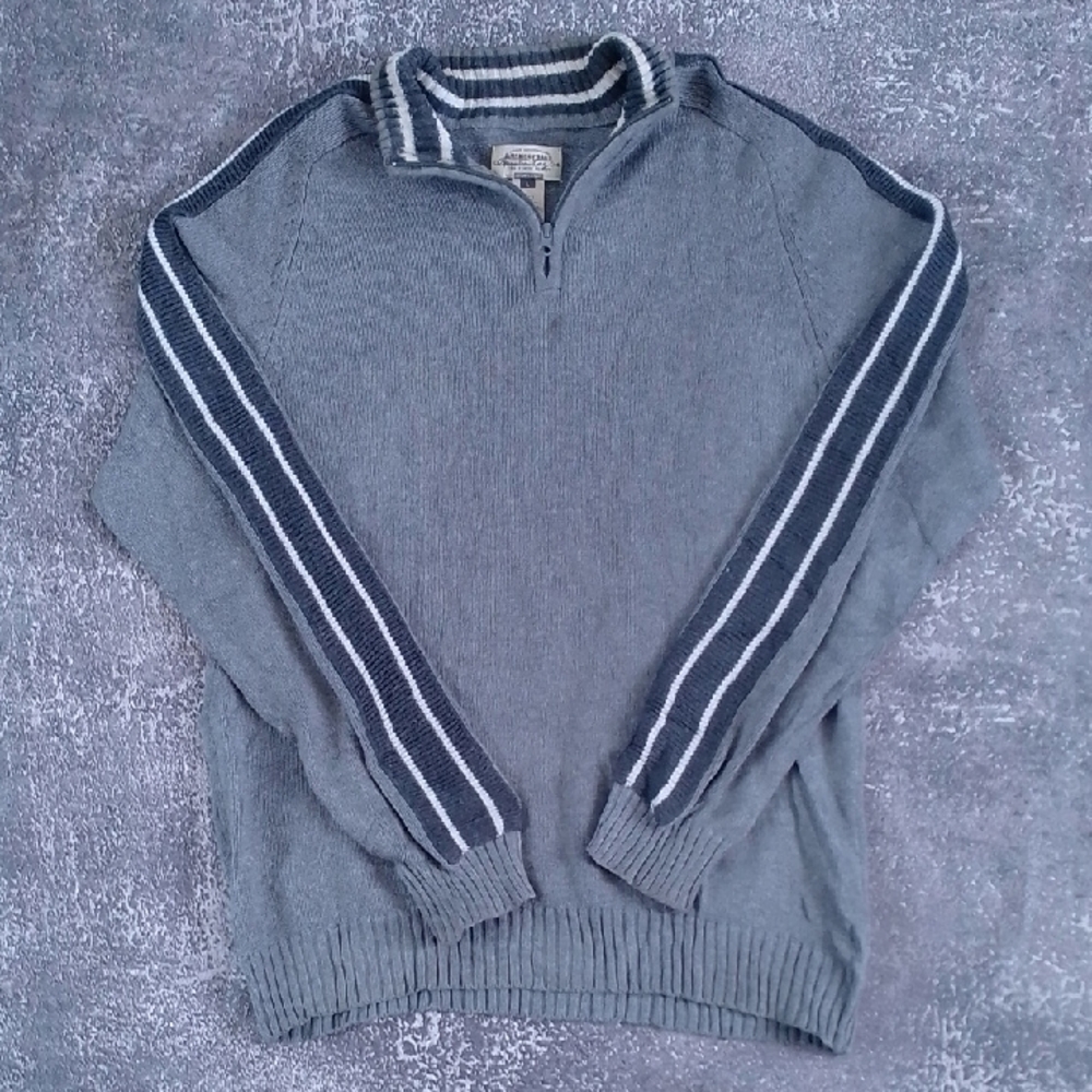 Vintage Y2K American Rag Grey Quarter Zip-Up Sweater with Stripes